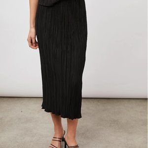 DVF Black Pleated Crinkle Midi Skirt with Drawstring